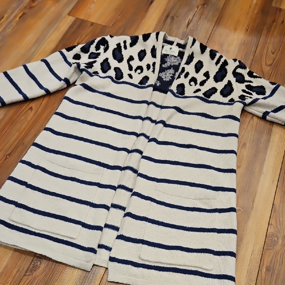 Betsys Boutique Striped Cardigan with Leopard Print